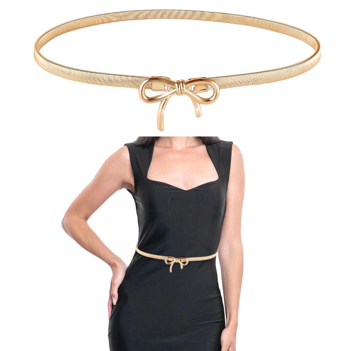 Amabro Waist Belts for Women, Elastic Skinny Waist Chain Adjustable Stretchy Metal Chain Belt Stretch Waist Belt With Bow-Knot Waistband for Dresses, Jeans, Shirts(Gold)