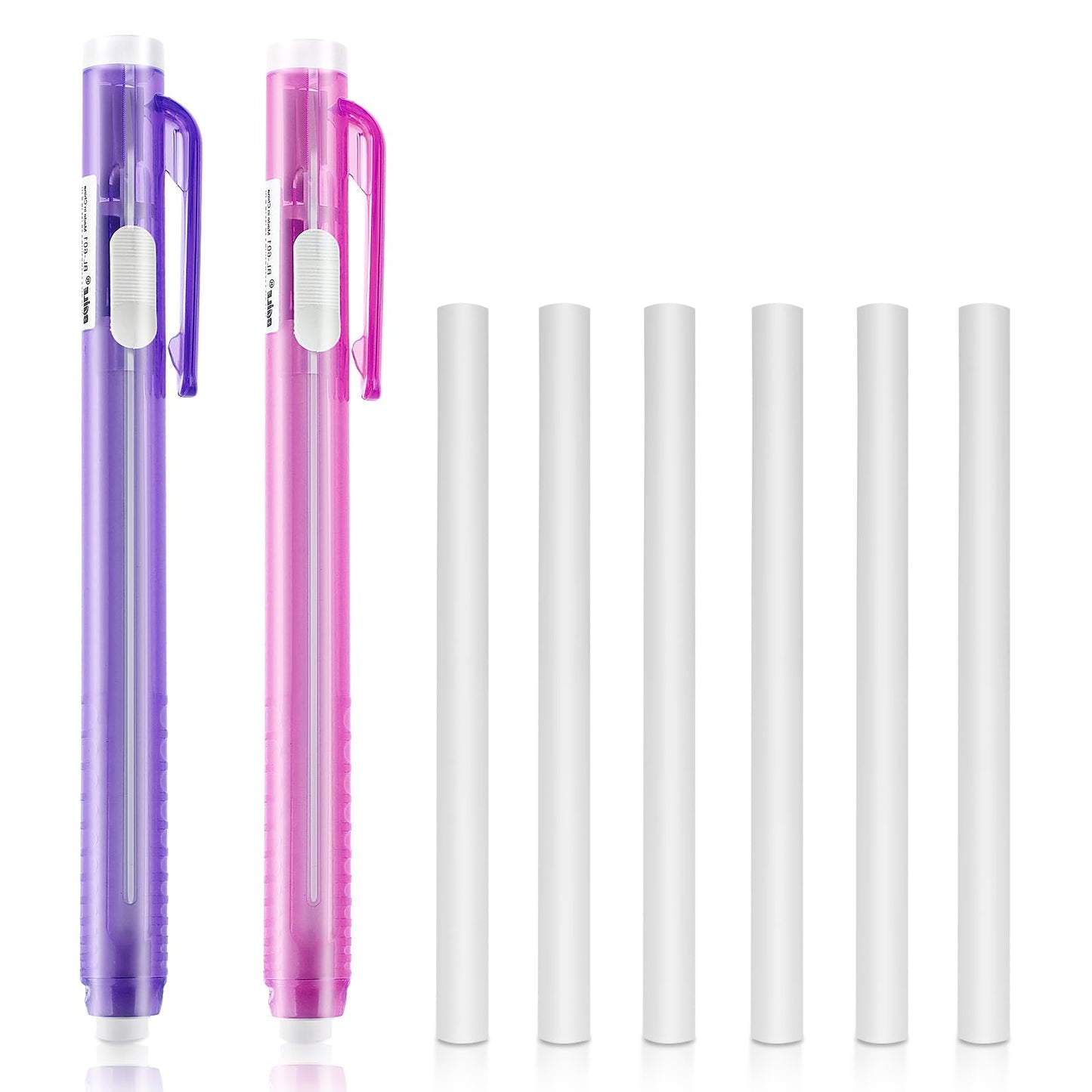 Molain Pen Style Erasers Set, 2PCS Retractable Mechanical Eraser Pens with 6 Pcs Replacement Eraser Refills, Retractable Eraser Click Erasers for School Office Painting Writing(Pink, Purple)