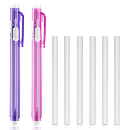 Molain Pen Style Erasers Set, 2PCS Retractable Mechanical Eraser Pens with 6 Pcs Replacement Eraser Refills, Retractable Eraser Click Erasers for School Office Painting Writing(Pink, Purple)