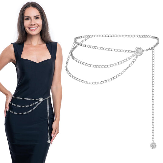 JIEYAO Multilayer Metal Chain Belts, Womens Metal Belts for Dresses Adjustable Body Belly Chain Long Waist Belt for Jeans(Silver,105cm/41.3in)