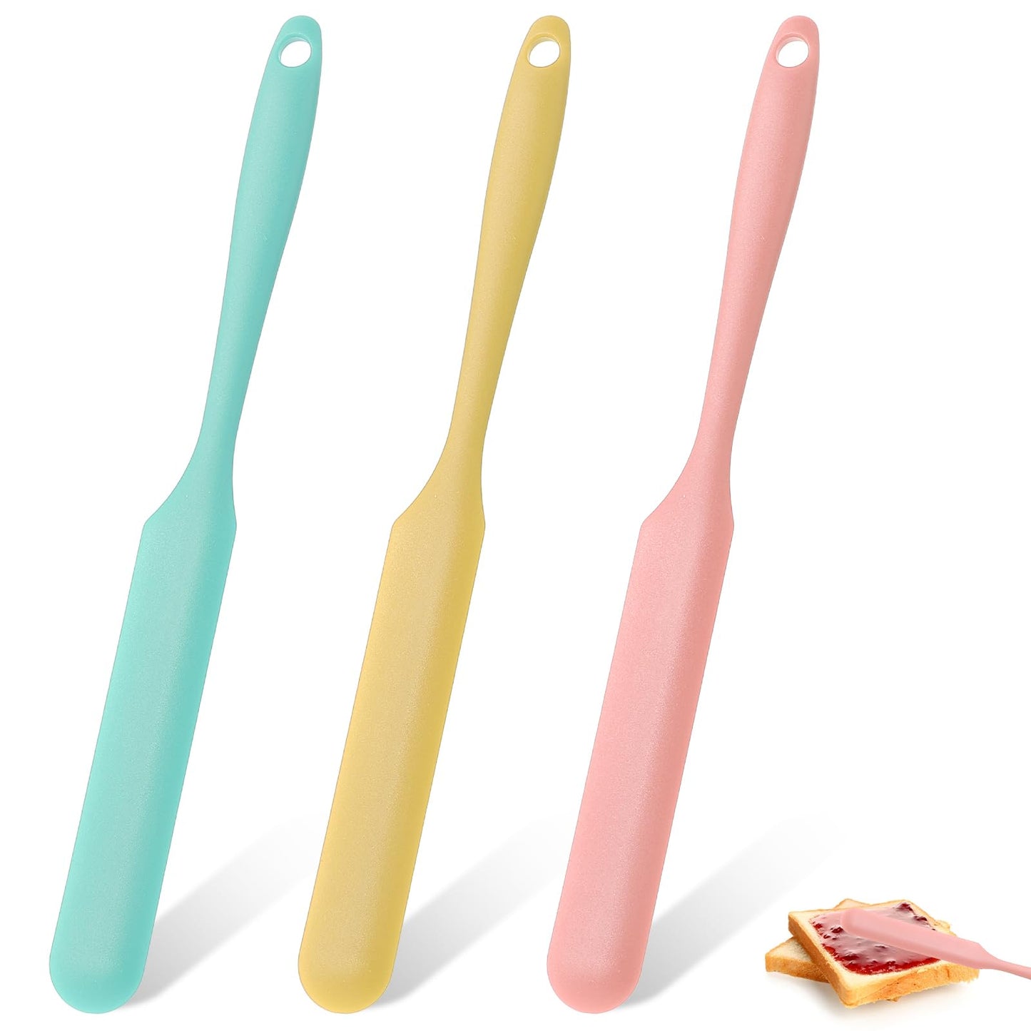 Giantree 3 Pcs Jar Spatula, Silicone Jar Spatula Heat Resistant Spatula with Long Handle Baking Spatula for Cream Butter Spatulas Mixing Scraper Batter Non-stick Baking Tool (Green, Pink, Yellow)