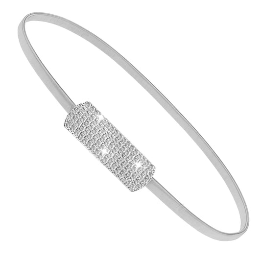 Amabro Women Metal Chain Skinny Belt, Adjustable Elastic Ladies Rhinestone Waistband Dress Belts for Bridal Wedding (Silver)