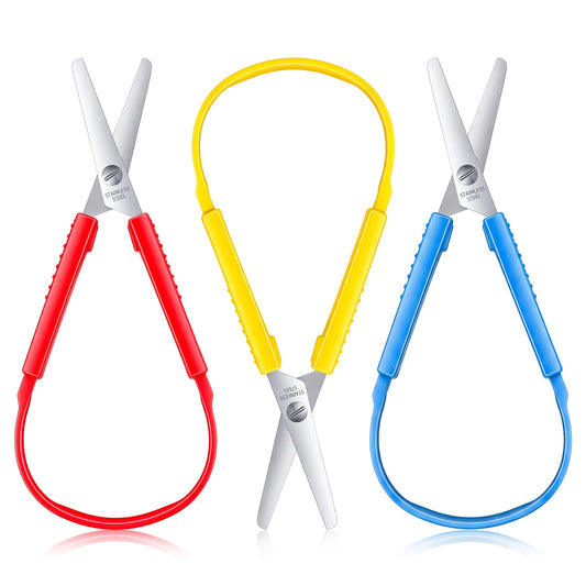 LIQWEI 3 PCS Mini Loop Scissors, 5.5" Self Opening Adaptive Scissors Colorful Kids Grip Scissor Set Right & Lefty Support for Children & Adults(Red, Yellow, Blue)