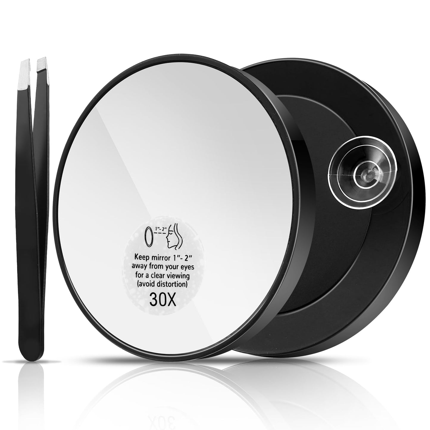 cobee Magnifying Mirror,30X Handheld Mirror with Suction Cup and 1 Tweezer 3.5 inches Stick on Shower Bathroom Precise Makeup Precise Blackhead Removal Small Mirror for Travel