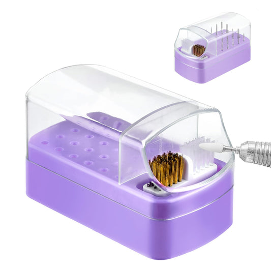 Andibro 2 In 1 Nail Drill Bits Holder,30 Holes Dustproof Nail Bits Organizer Nail Drill Bits Cleaning Brush Case Dustproof Nail Art Drill Bits Stand Display Storage Box Cleaner Manicure Tool (Purple)