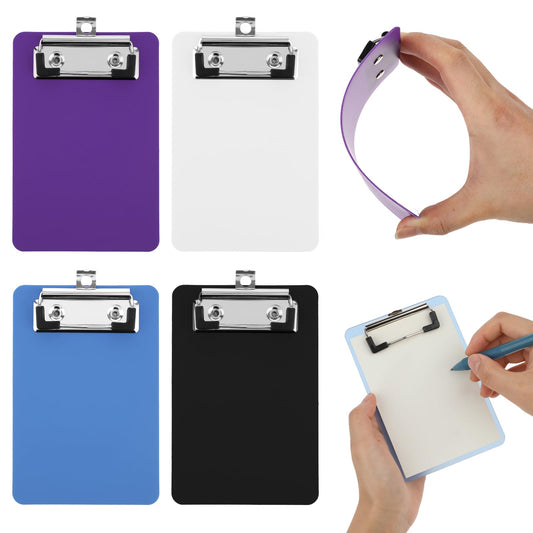 Bewudy 4 Pack Small Clipboards 4 x 6 Inch, Mini Clip Board Notepads Clipboard, Letter Size Plastic Pocket Clipboard with Low Profile Clip, for Office Classroom Supplies(4 Color B)