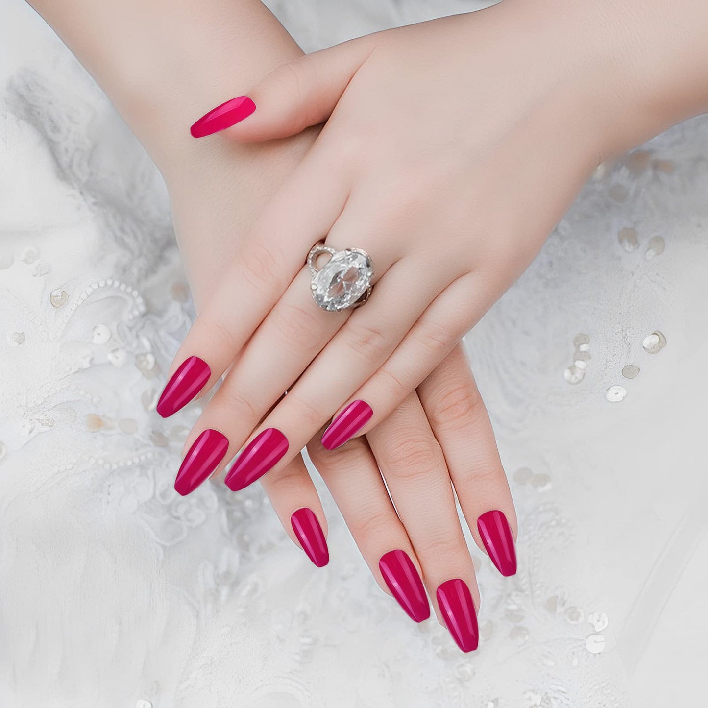Cobee Solid Color Press on Nails, 24Pcs Coffin Fake Nail Glossy Tapered Shape Medium Length Full Cover Ballerina Removable Wear False Nails for Women and Girls Nail Art DIY Set(Rose Red)