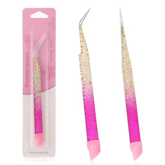 Jeffdad 2 Pcs Nail Art Tweezers, Eyelash Extension Tweezers, Fine Point Tip Sharp Pointed Tweezers, Straight Curved Tip Tweezers with Silicone Pressing Head for Nail Crafts