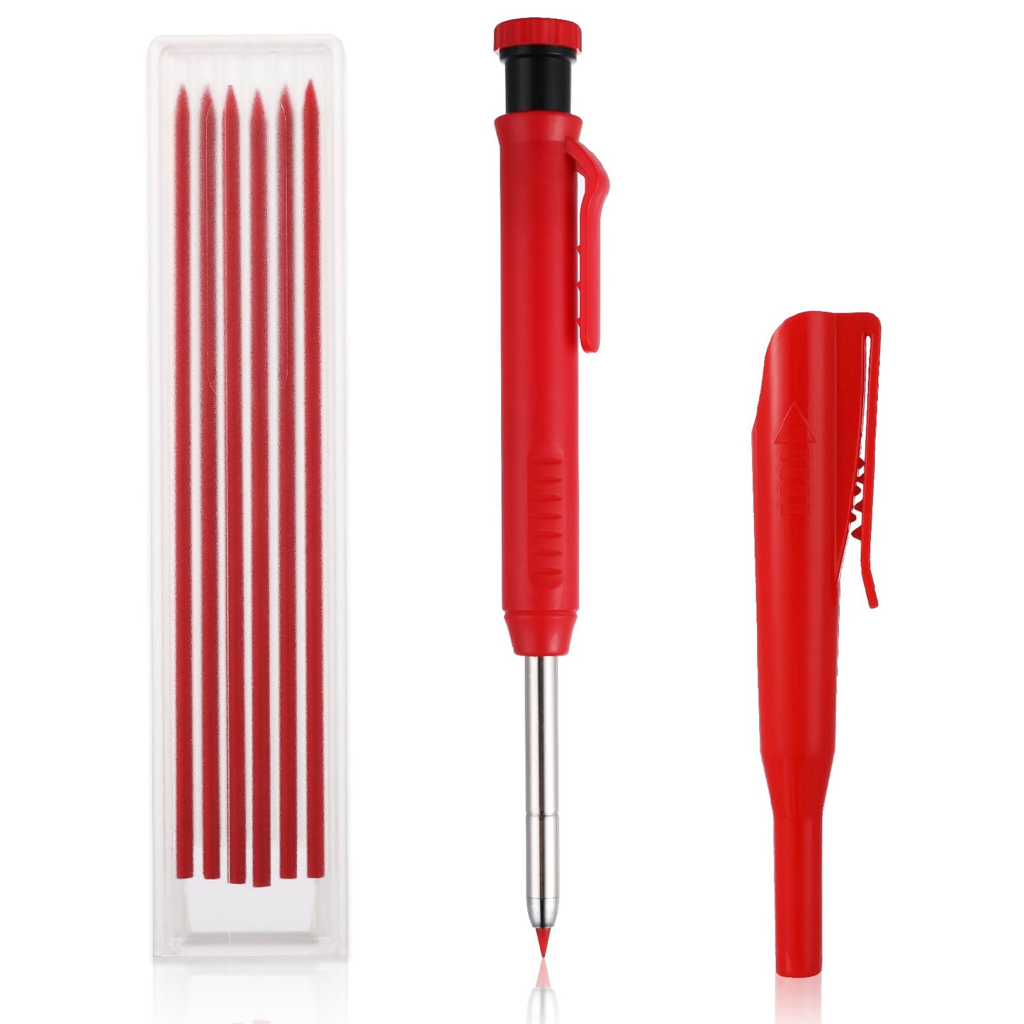 Amabro Deep Hole Making Pencil Set, Mechanical Solid Carpenter Pencils with Built-in Sharpener Woodworking Automatic Pencils with Pen Cover and 6 Replacement Leads for Scribing Construction(Red)