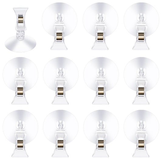 Amaxiu Suction Cup Hook Clip Holder, 12Pcs Lights String Suction Cups Clear Suction Cup with 12 Clip for Windows Glass Wall Suction Hooks Aquarium Parking Ticket Holder(12 Pcs)