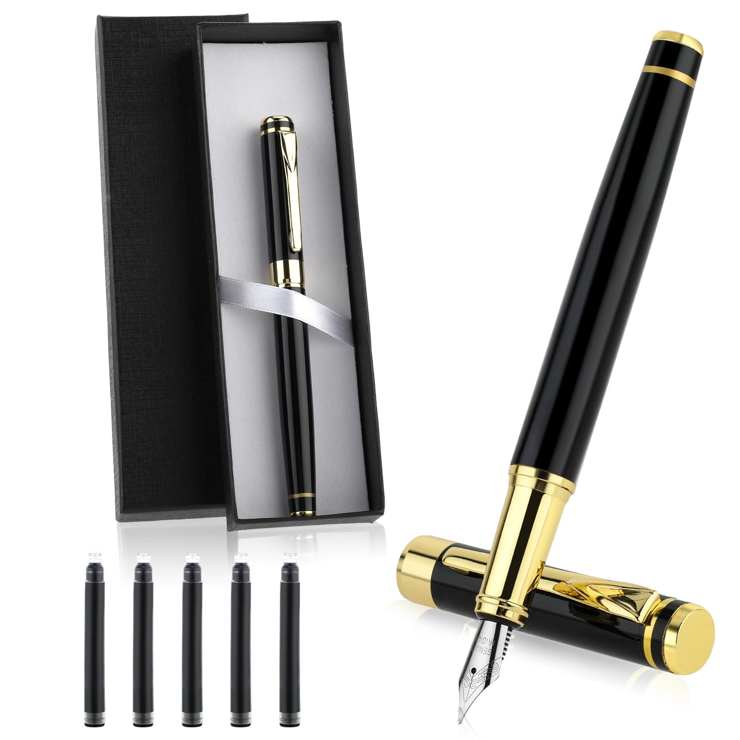 cobee Luxury Metal Fountain Pen, Fine Nib Fountain Pen Business Smooth Writing Pen with Ink Converter 5 Ink Cartridges Gift Box Calligraphy Pens for Writing Journaling Signature
