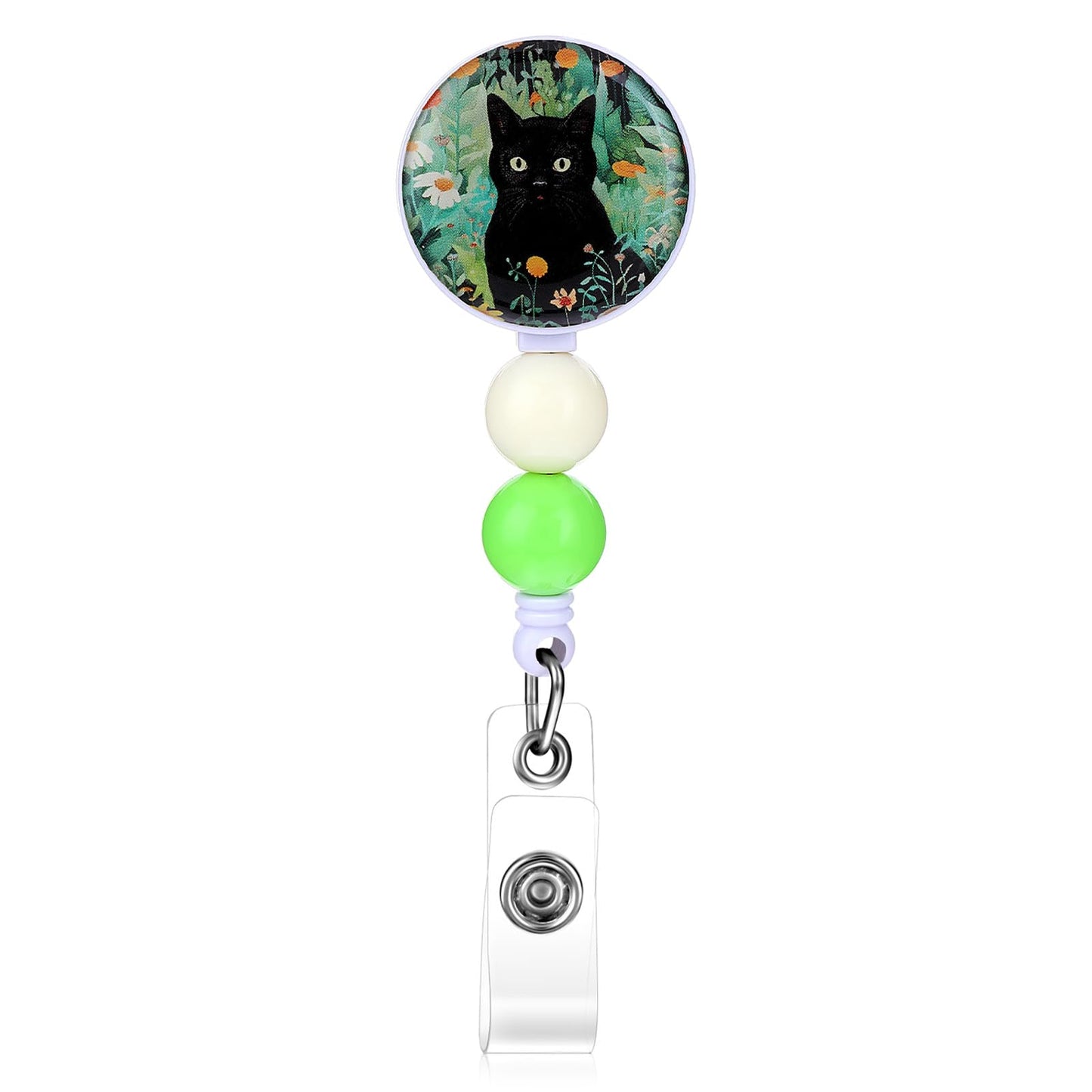 TIESOME Retractable Badge Reels with Alligator Clip, Cute Cat ID Badge Holder Heavy Duty ID Card Holder Name Badge Clip with Beads Gifts for Nurse Medical Teacher Student Office Work Supplies (C)