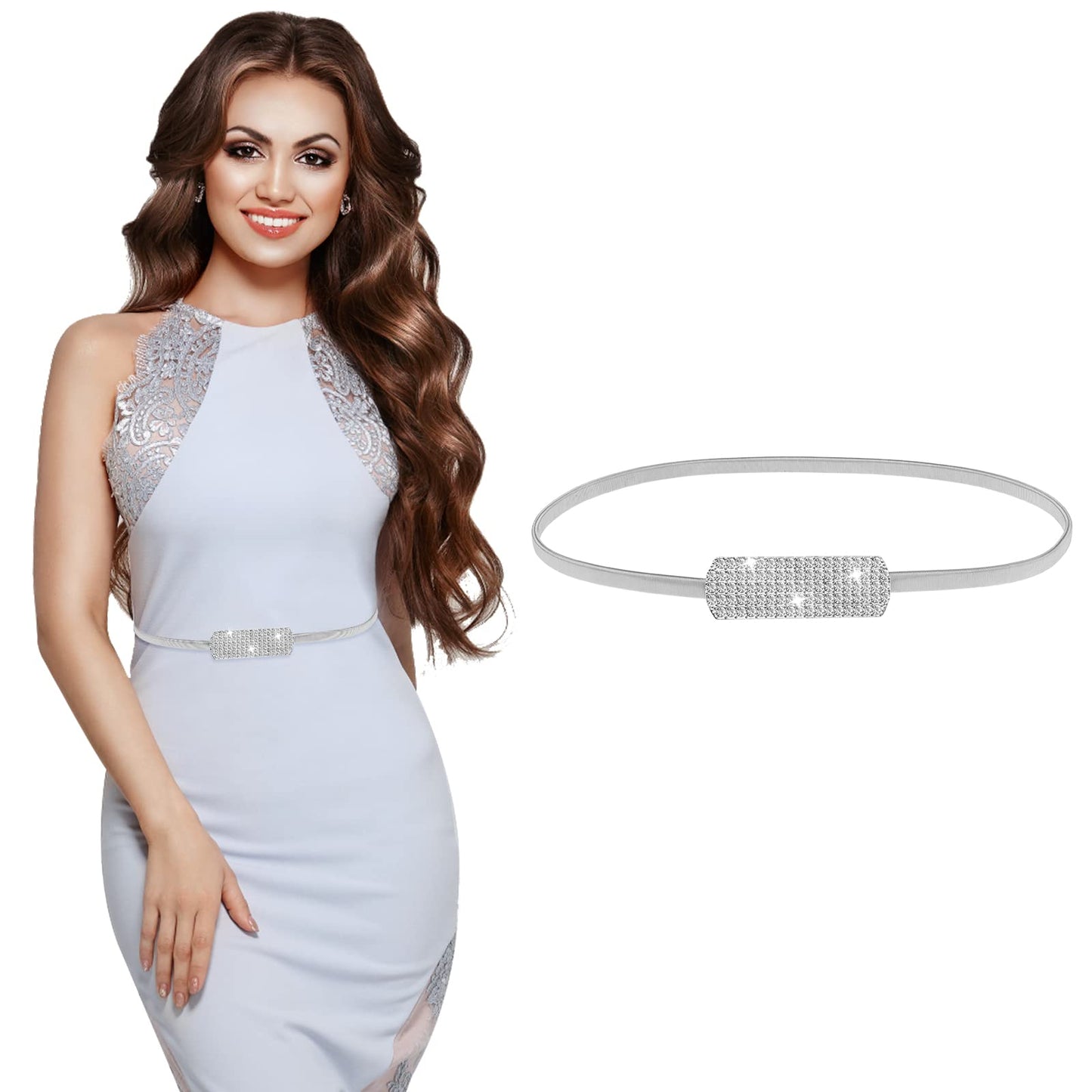 cobee Women Skinny Metal Waist Belt, Gold Thin Metal Chain Stretch Elastic Waistband with Rhinestone Fashion Dress Belts for Women's Bridal Dressy(Silver)