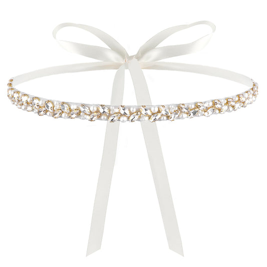 Andibro Handmade Rhinestone Bridal Belt, Crystal Wedding Belt With Ribbons Bridal Wedding Dress Sash Decor For Bridal Gowns(White)