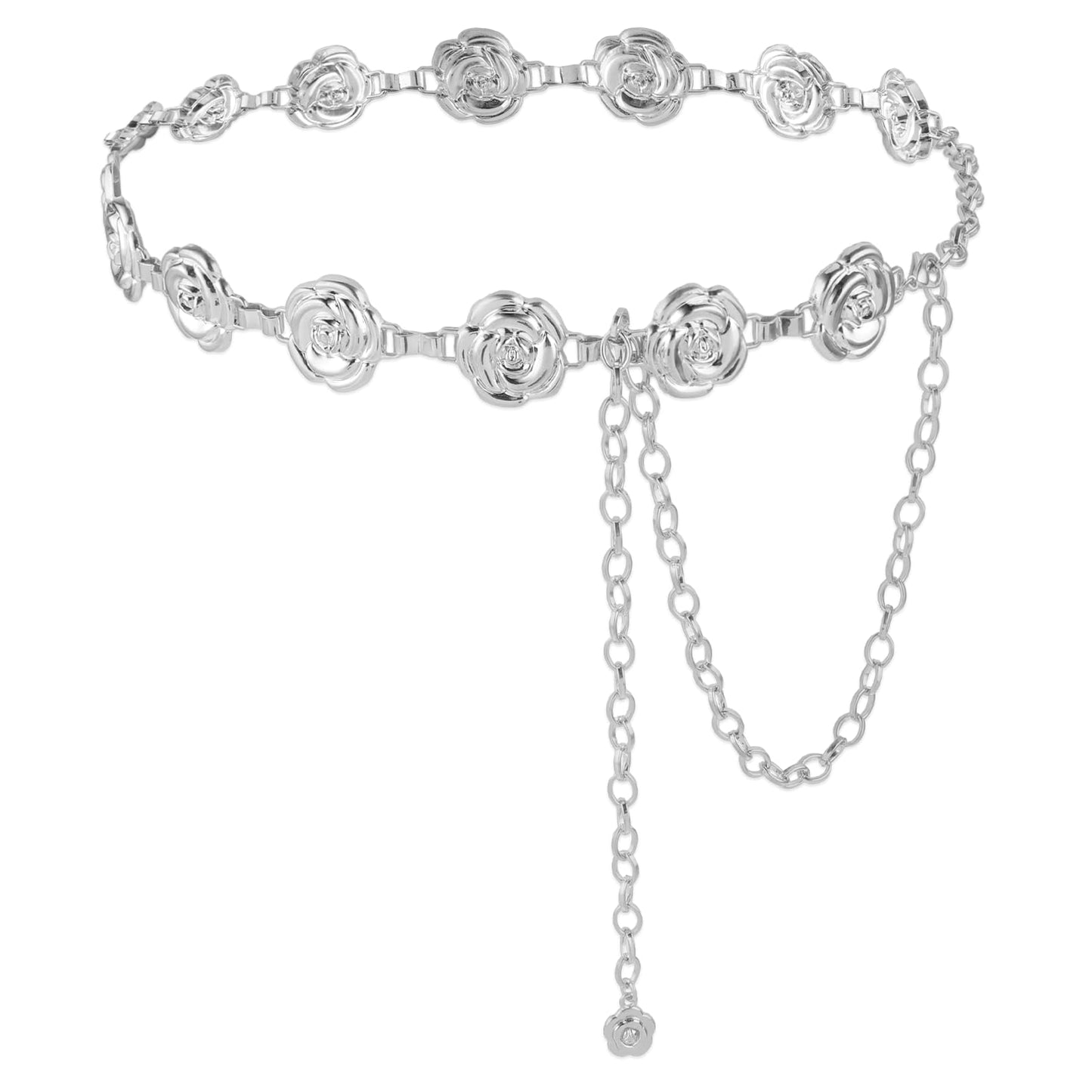 TIESOME Rose Waist Chains Belts for Women, Adjustable Flower Bridal Wedding Belt Floral Skinny Metal Waist Belt for Dresses(Silver)