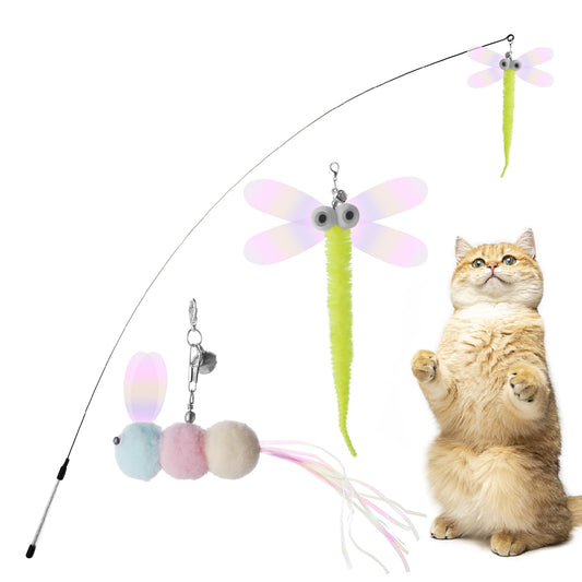 Bewudy 2 PCS Cat Wand Interactive Cat Toy, Interactive Cat Wand Toys with Bells, Cat Feather Toys for Indoor Cats Feather Dangler Funny Exercise for Indoor Cat Kitten Catcher (Caterpillar)
