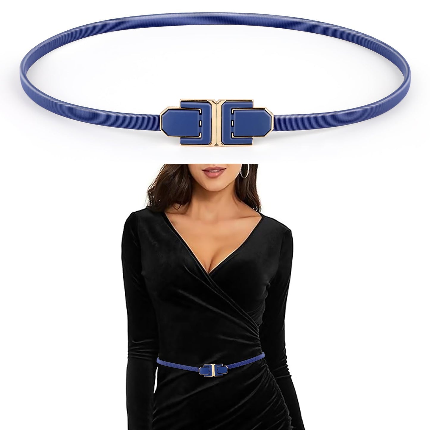AOZUO Metal Belts for Women, Elastic Skinny Waist Chain Belt Adjustable Stretchy Waist Cinch Belt for Dresses, Jeans, Blue, 70-110cm/28-43in