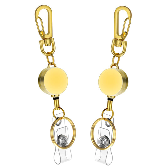 TIESOME 2 Pack Metal Retractable Badge Holder, ID Badge Holder with Reel Clip and Carabiner Key Chain Durable Keychain with Tenacity Retractable Cord for Teachers Students Office Workers(gold)