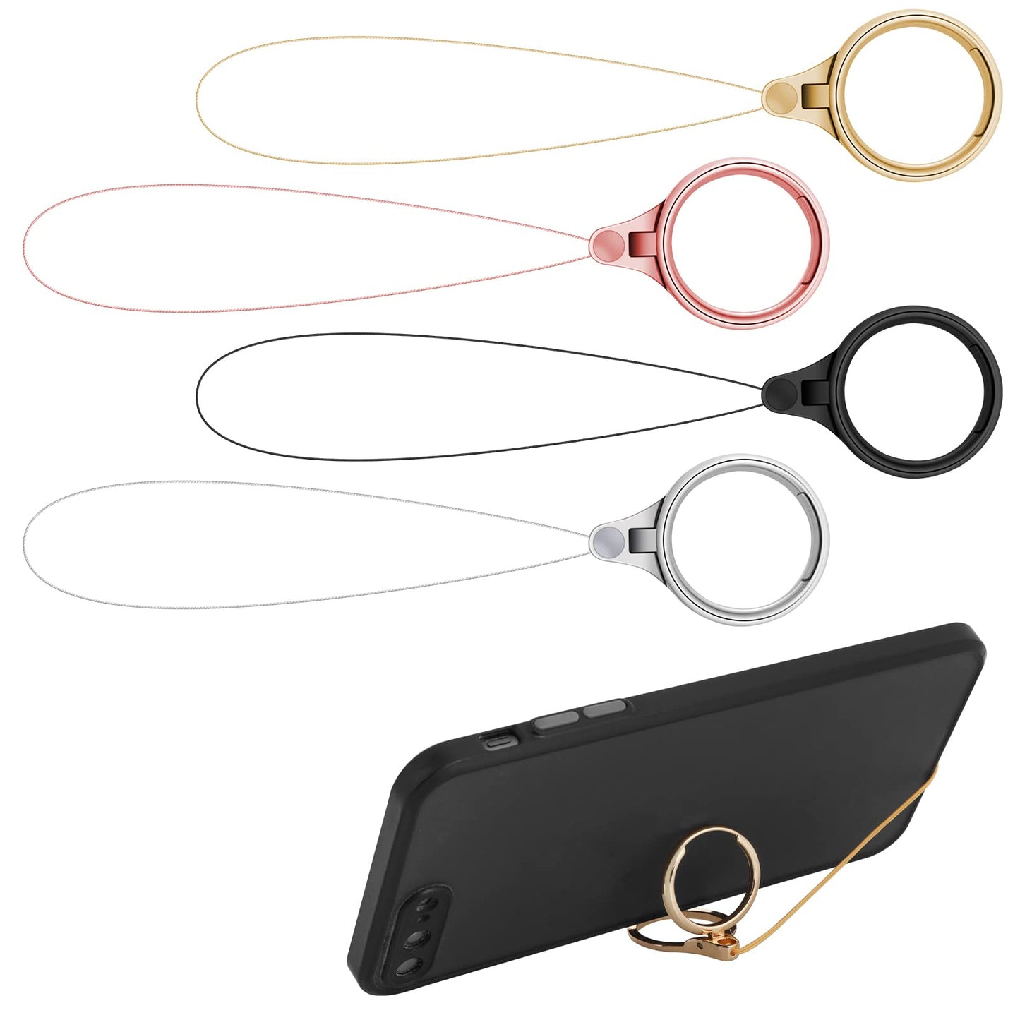 Cobee Cell Phone Ring Straps, 4 Pcs Phone Finger Ring Holders, Phone Grip Holder Phone Loop Charm Phone Ring Kickstand Holder Phone Finger Ring Chain Lanyard(Silver, Gold, Black, Rose Gold)