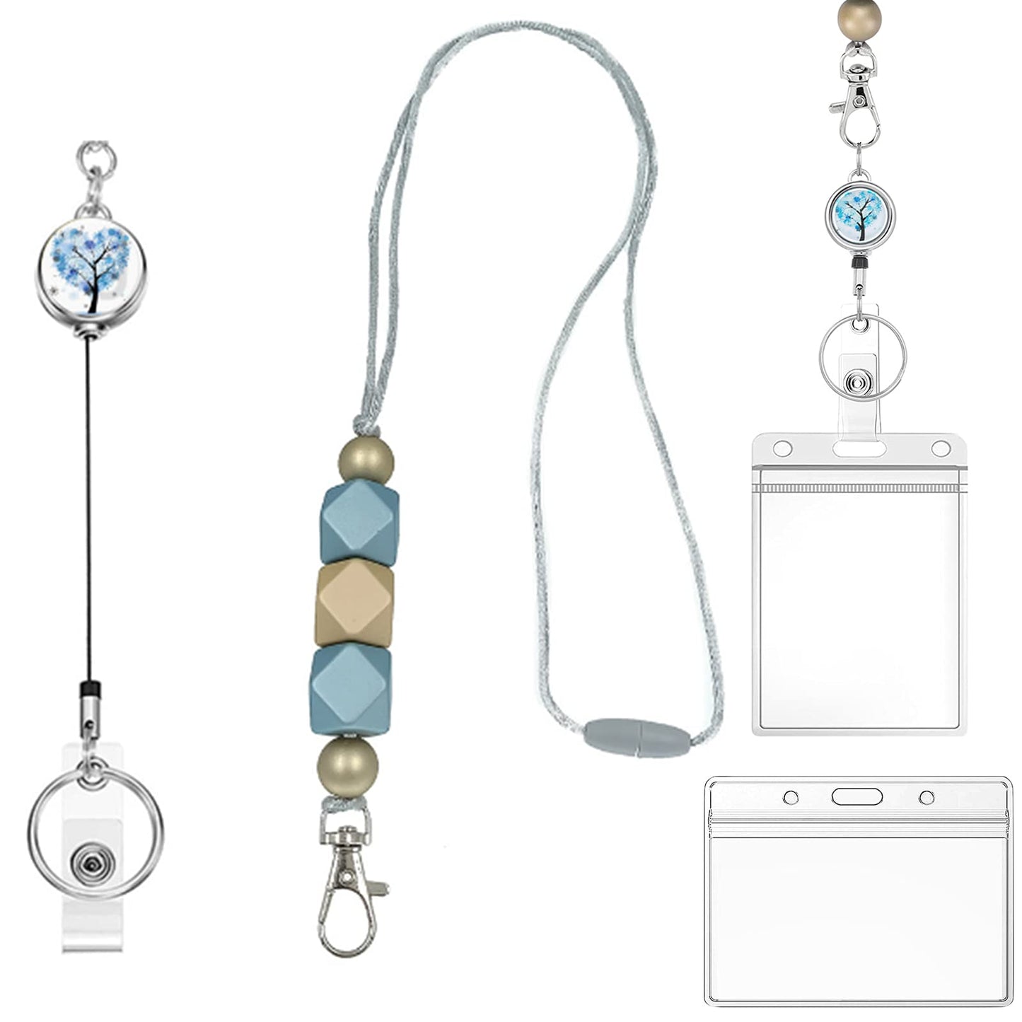 Molain 4Pcs/Set Lanyard with Crystal Badge Reel - Beaded Lanyard Necklace with Transparent ID Card Holder and Keychain, Breakaway Protect Lanyard for Teachers Nurse Students Office Staffs