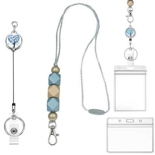 Molain 4Pcs/Set Lanyard with Crystal Badge Reel - Beaded Lanyard Necklace with Transparent ID Card Holder and Keychain, Breakaway Protect Lanyard for Teachers Nurse Students Office Staffs