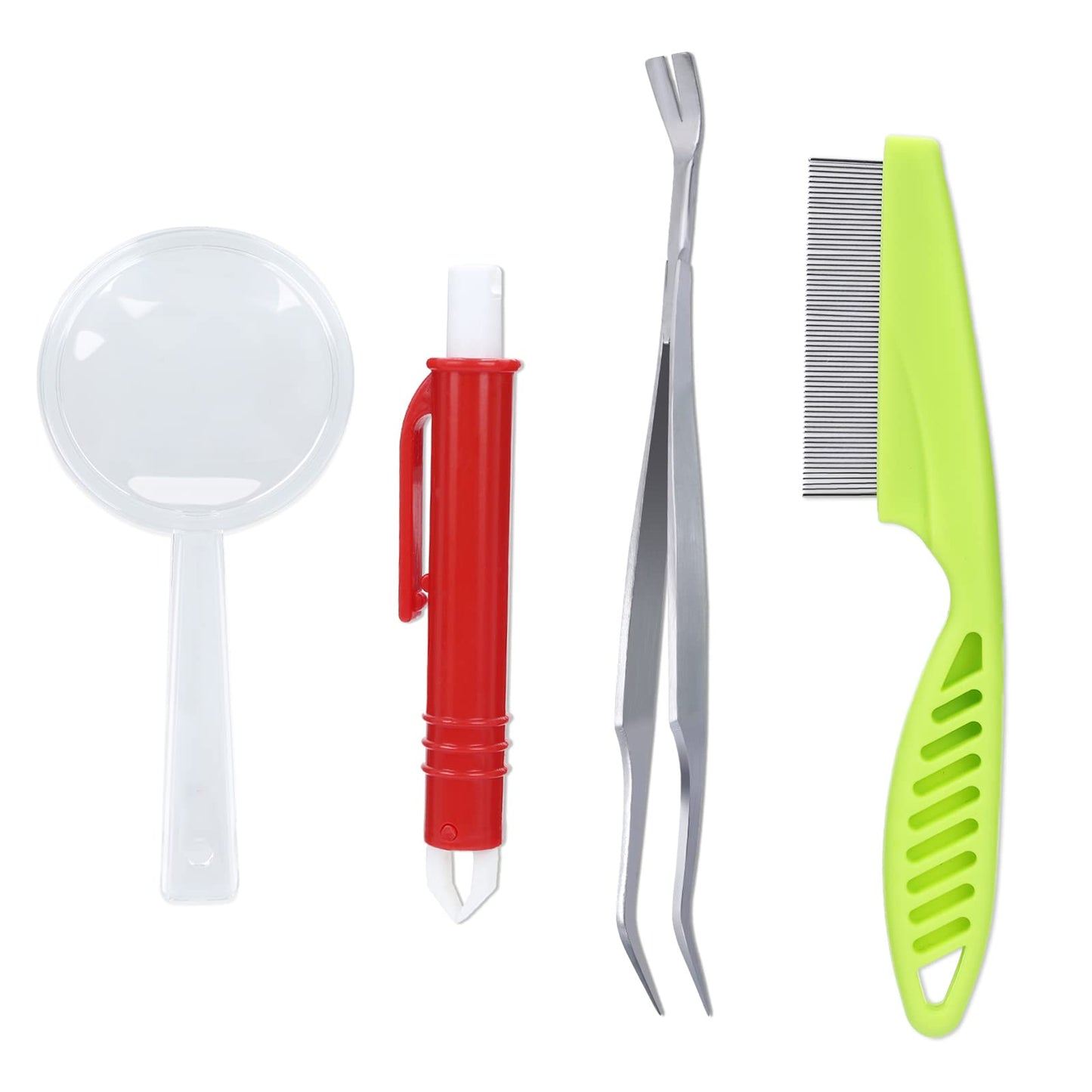 Molain 7 Pcs Dog Tick Remover Tools, 3 Plastic Hook+1 Plastic Tweezer+1 Stainless Steel Tweezer+1 Comb+1 Magnifier, Tick Remover Set for Dogs, Cats and Humans, Light Green