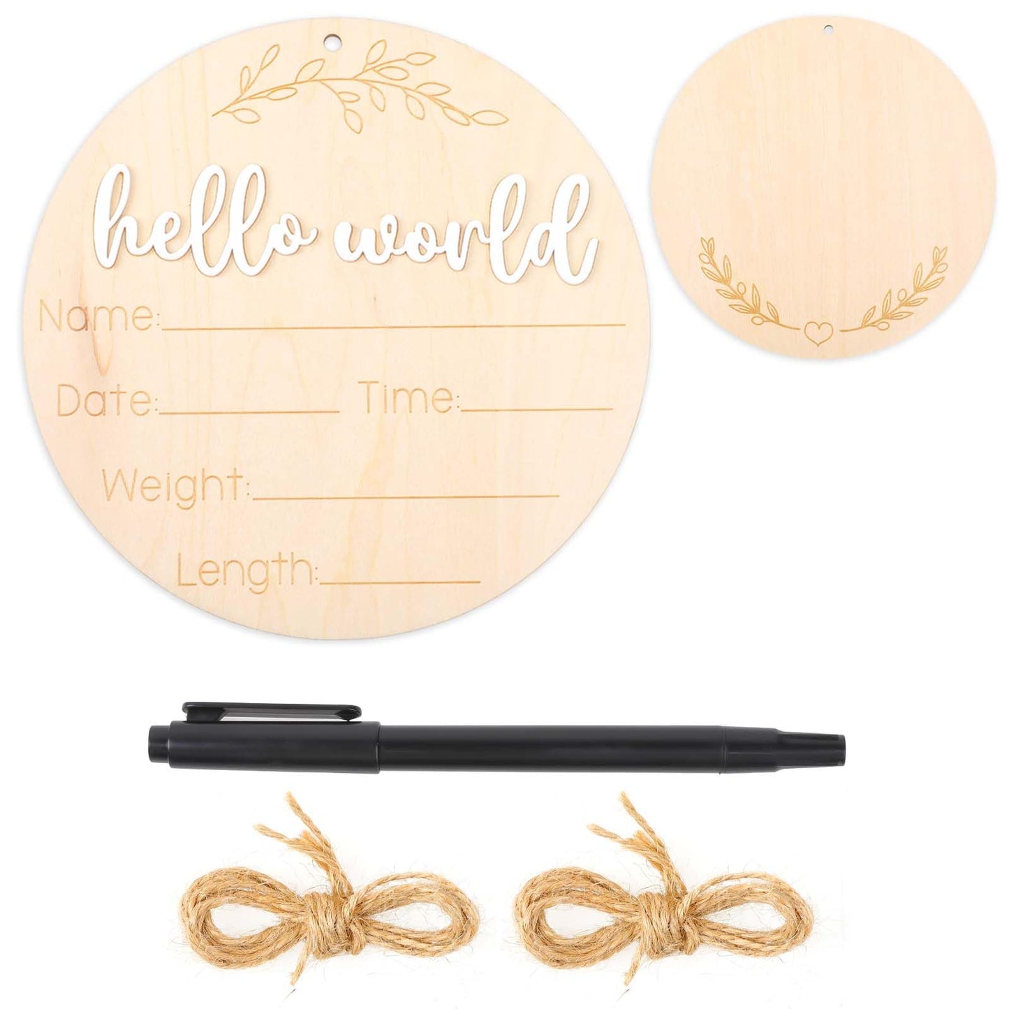 simarro Baby Announcement Sign, Wooden Hello World Newborn Sign with Pen and Rope, Baby Name Announcement Sign Newborn for Hospital Birth Photography Prop Baby Shower Nursery Gift(Rope Hanging)