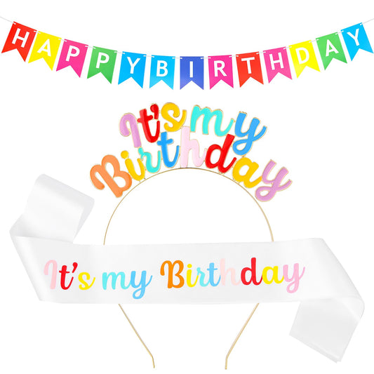 Amabro Birthday Headband Set, Rainbow Bday Sash Birthday Banner Cute Birthday Crown Kit Happy Birthday Tiara Sign Decoration Women Gifts Parties Favors Sweet Multi-Colored