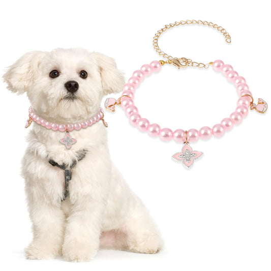 Amaxiu Small Dog Cat Pearl Collar, Adjustable Dog Necklace Cat Neck Strap Dog Accessories Cat Collars for Girl Cats Puppy(Pink)