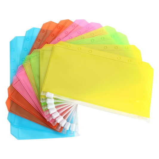 Molain 10 Pcs A6 Zipper Punched Binder Pockets, 6 Holes Ring Binders, PVC Plastic Wallets, Document Organizer Bill Folder, Colored Storage Bags, Home Office Stationery Supplies, Yellow