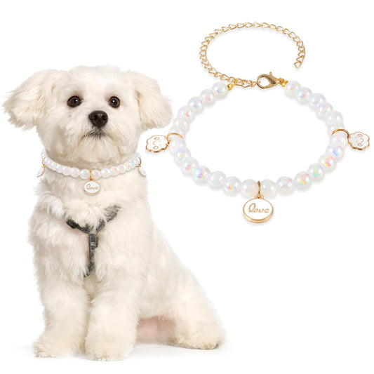 Amaxiu Small Dog Cat Pearl Collar, Adjustable Dog Necklace Cat Neck Strap Dog Accessories Cat Collars for Girl Cats Puppy(Colorful White)