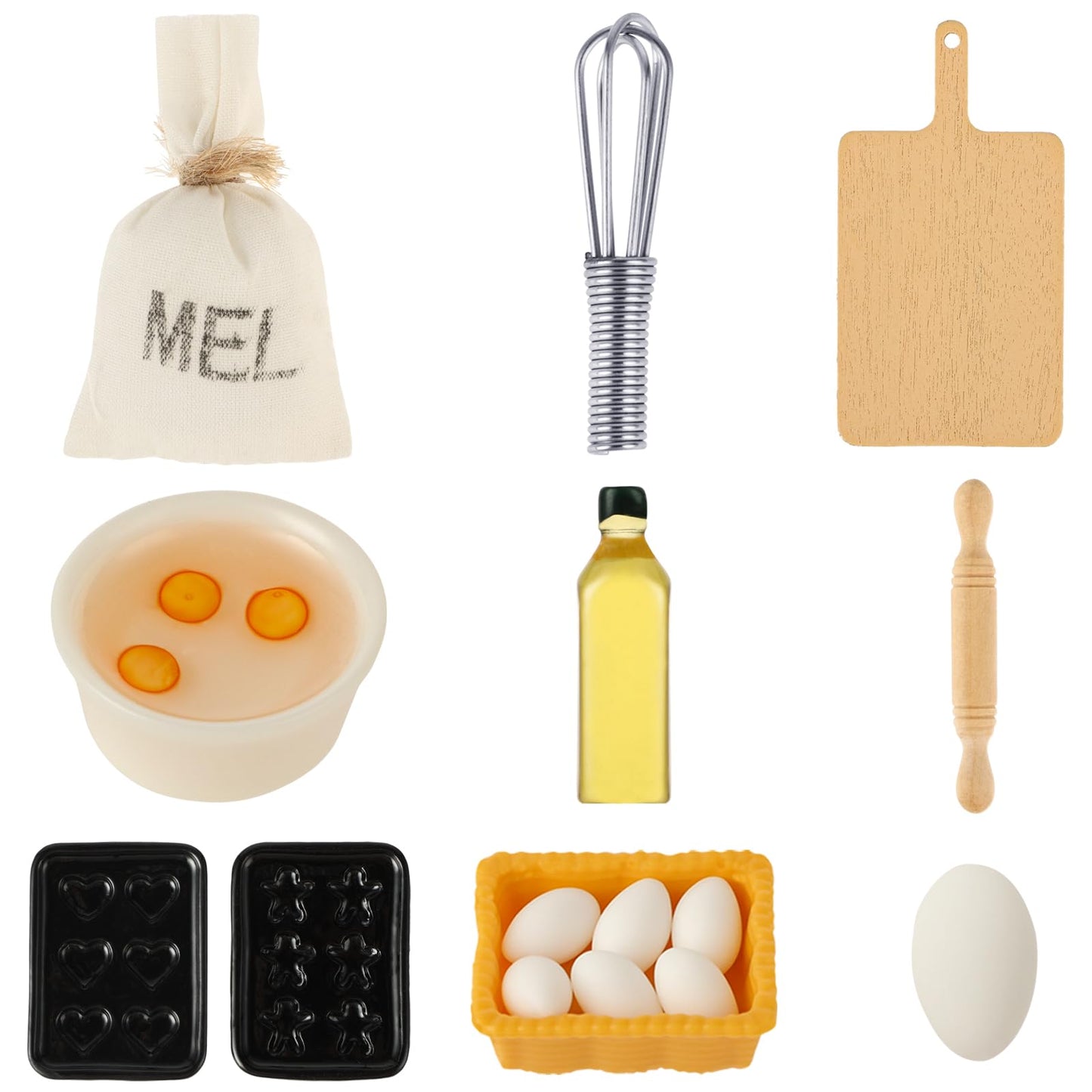 simarro 15 Pcs Miniature Dollhouse Furniture, Kitchen Play Theme Game Miniature Dollhouse Accessories, Flour Egg Baking Pan Chopping Board Mini House Accessories