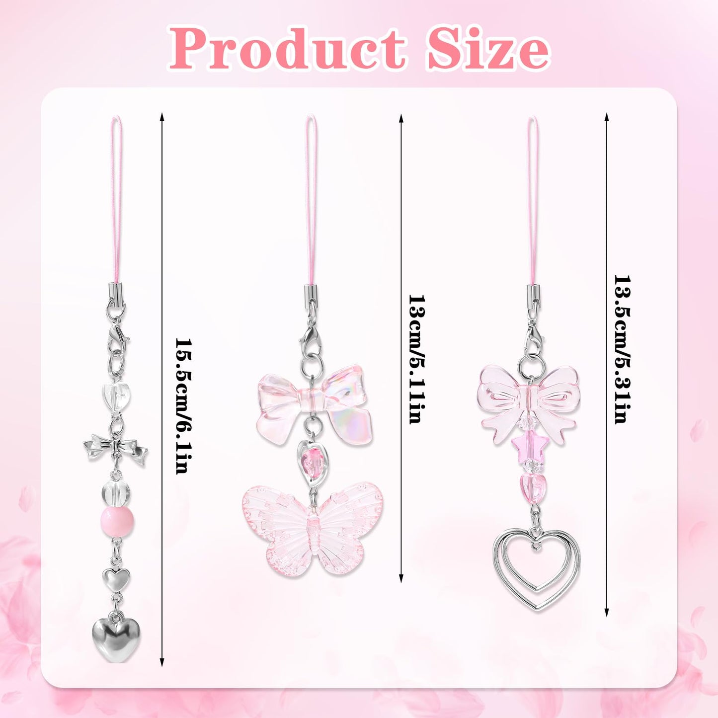 Yuanchu 3 Pcs Cute Phone Charms, Aesthetic Mobile Phone Charms Strap Rhinestones Heart Cellphone Lanyard for Women Girl Keychain Backpack Wallet Camera Pendants Decor, man-made