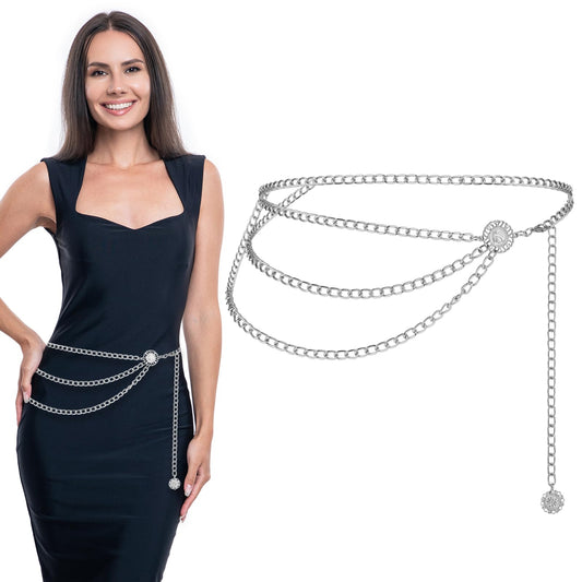 JIEYAO Multilayer Metal Chain Belts, Womens Metal Belts for Dresses Adjustable Body Belly Chain Long Waist Belt for Jeans(Silver,90cm/35.4in)