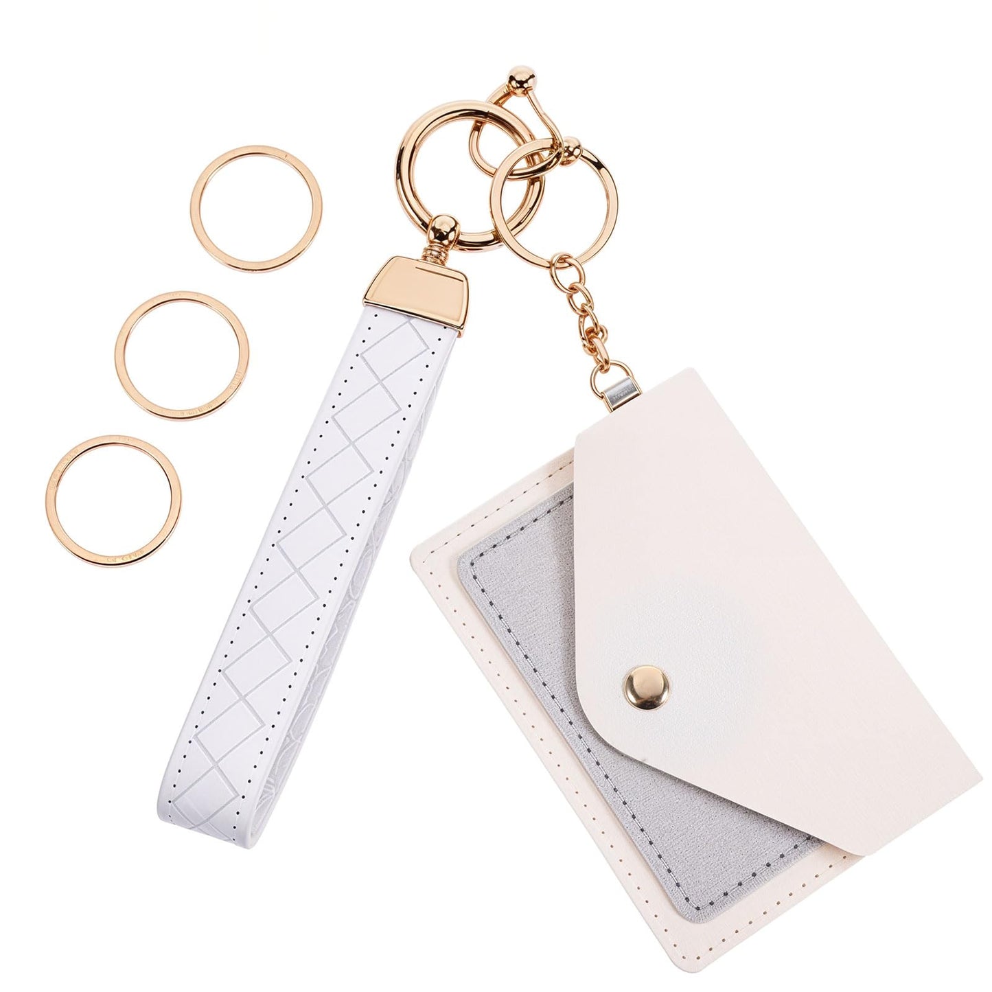 Yuanchu PU Leather Wallet Keychain, Wallet Wristlet Car Keychain Mini Card Holder Purse with D Ring for Women, White, 11x8cm/4.3x3.1in