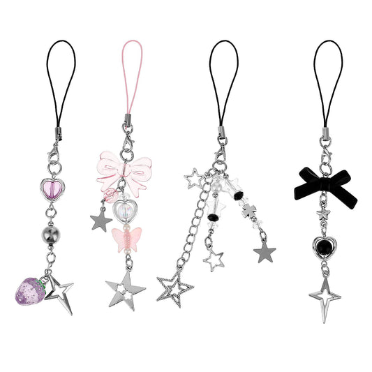 Amaxiu 4Pcs Cute Phone Charms, Cell Phone Charms Strap Mobile Phone Pendant Pink Strawberry Butterfly Star Phone Charm Phone Accessories for Phone Bag Keychain Camera Decor