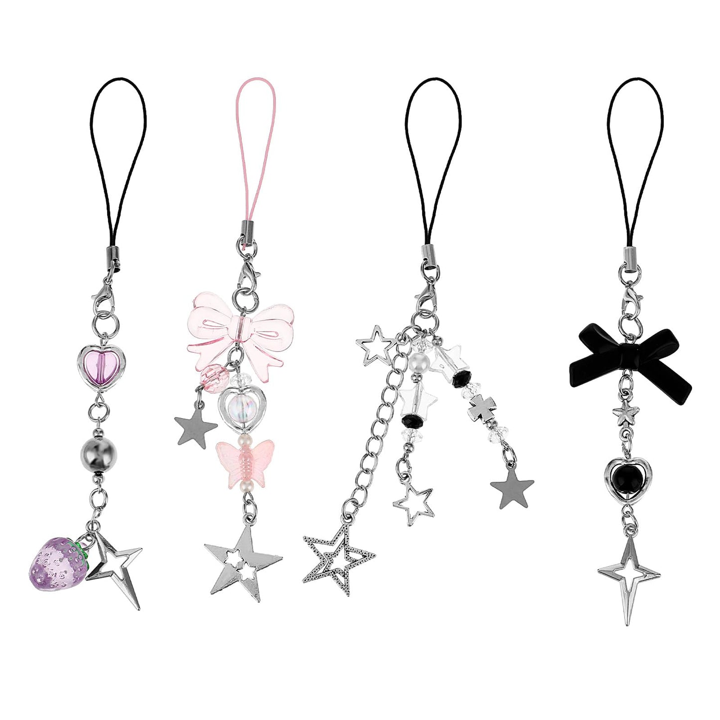 Amaxiu 4Pcs Cute Phone Charms, Cell Phone Charms Strap Mobile Phone Pendant Pink Strawberry Butterfly Star Phone Charm Phone Accessories for Phone Bag Keychain Camera Decor