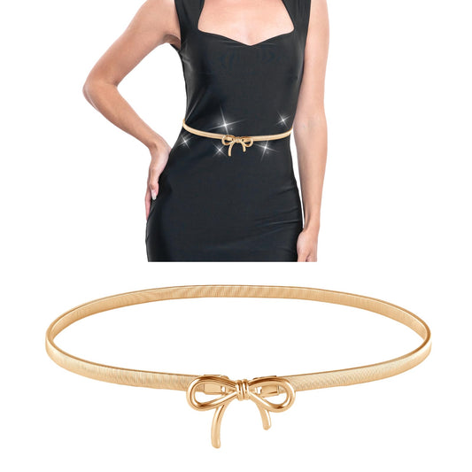 AOZUO Skinny Metal Waist Belt for Women, Adjustable Elastic Waistband Stretchy Thin Belt With Bow-Knot for Dresses Jeans, Gold, Medium