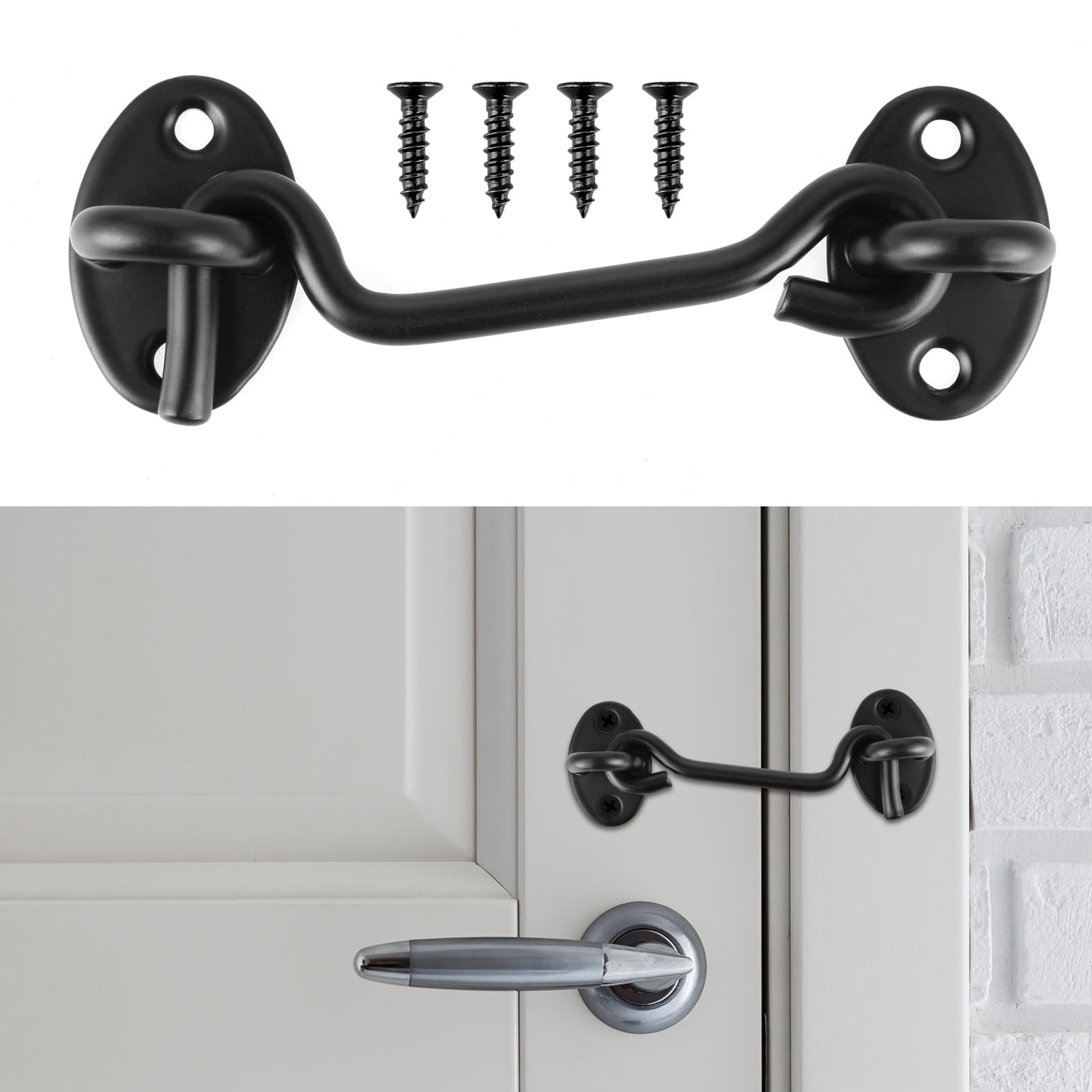 HJZHII Storm Hook Black Stainless Steel, 11.6 cm Storm Hook with Eyelet, Door Hook, Black Garden Gate Latch, Window Hook, Piping Strips, Hooks for Hanging, Cabin Hook for Door, with 4 Mounting Screws