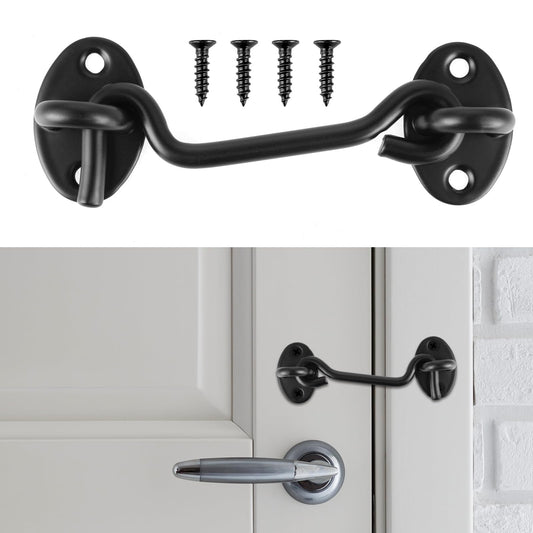 HJZHII Storm Hook Black Stainless Steel, 11.6 cm Storm Hook with Eyelet, Door Hook, Black Garden Gate Latch, Window Hook, Piping Strips, Hooks for Hanging, Cabin Hook for Door, with 4 Mounting Screws