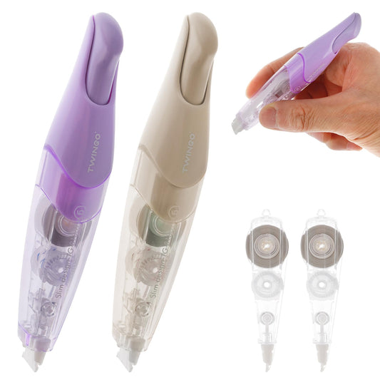 Bewudy 2 Pcs Refillable White Out Correction Tape, Retractable Whiteout Correction Pen with 2 Extra Refills, 1/5" x 236" (5mmx6m), Pen Shaped Applicator for Office School Supplies(Purple Khaki)