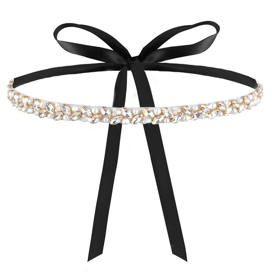 Andibro Handmade Rhinestone Bridal Belt, Crystal Wedding Belt With Ribbons Bridal Wedding Dress Sash Decor For Bridal Gowns(Black)