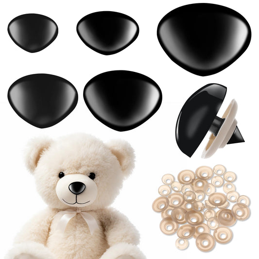 JIYIN 50 Pcs Safety Noses for Crocheting, 15-30mm Safety Noses for Amigurumi with Washers Stuffed Animals Crochet Noses Black Plastic Craft Doll Noses for Teddy Bear Puppet Plush Toy Accessories