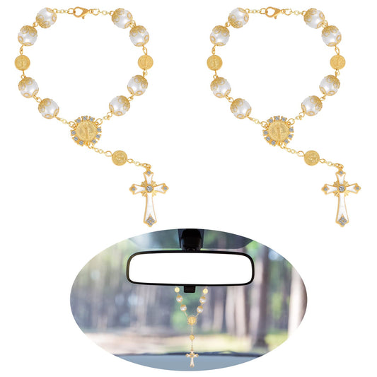 Cobee Car Cross Rosary for Rearview Mirror, 2 Pieces Car Mirror Hanging Auto Rosary Rear View Mirror Pendant Car Hanging Accessories Interior Decors for Women Men (White Gold)