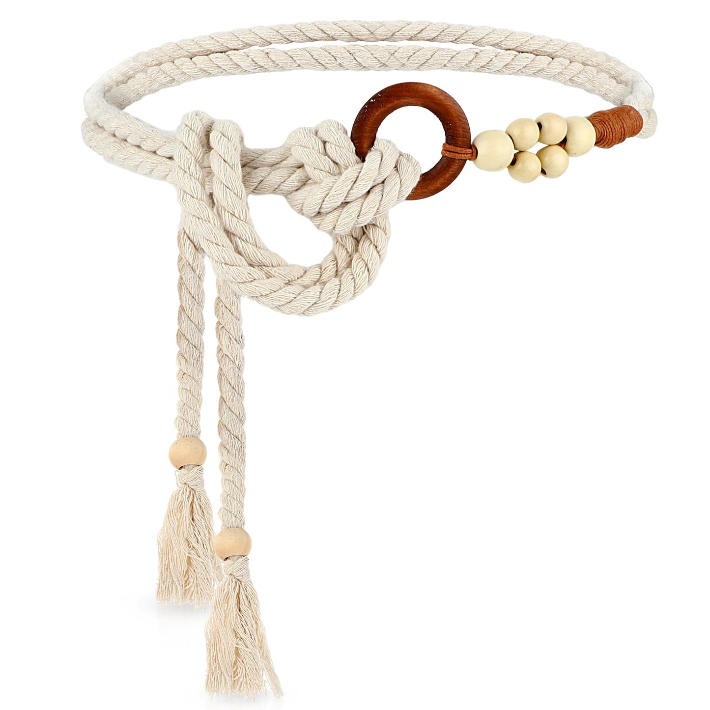 TIESOME Women's Skinny Tassel Waist Belt with Wooden Beads, Thin Woven Waist Rope Belt for Women Girls Godness Braided Waist Belt Rope Chain for Dresses Skirts Tunics (White)