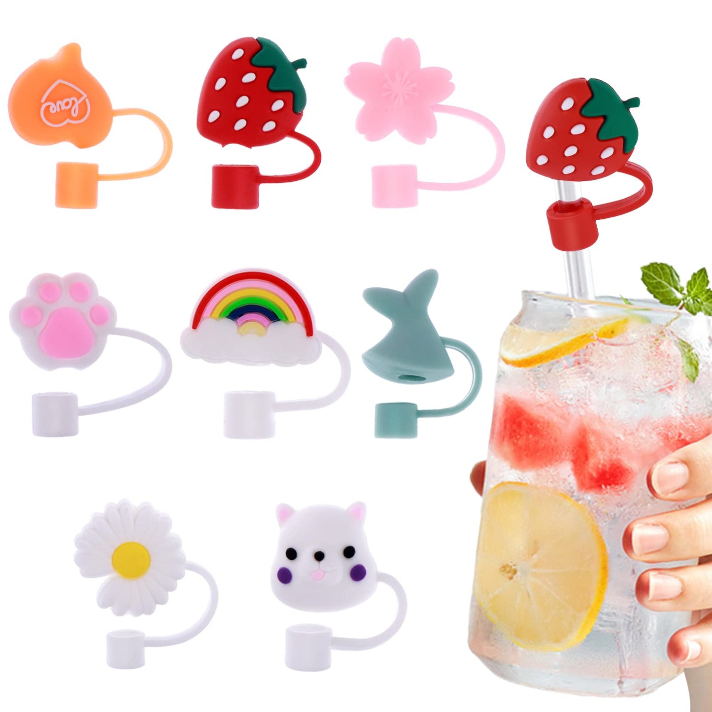 cobee Reusable Straw Caps Cover, 8 Pcs Dust-Proof Drinking Straw Cover for 6-8mm Straws Silicone Straw Tips Cover Cute Cartoon Colorful Straw Toppers Cover Party Drinking Straws(Style-A)
