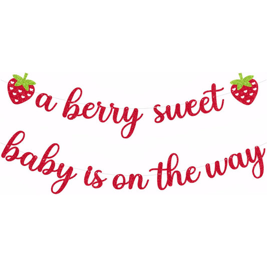 Andibro A Berry Sweet Baby is On The Way Banner, Strawberry Baby Shower Decorations Glitter Red Banner for Baby Girl Birthday Decor