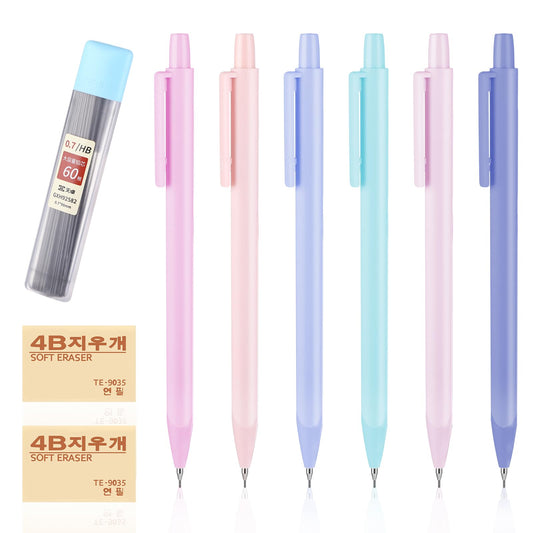 Bewudy 6PCS Pastel Mechanical Pencil Set, 0.7mm Cute Mechanical Pencils with 60PCS HB Refill & 2PCS Eraser, Artist Pencil Aesthetic Pencils for Girls Writing, Sketching(0.7mm)