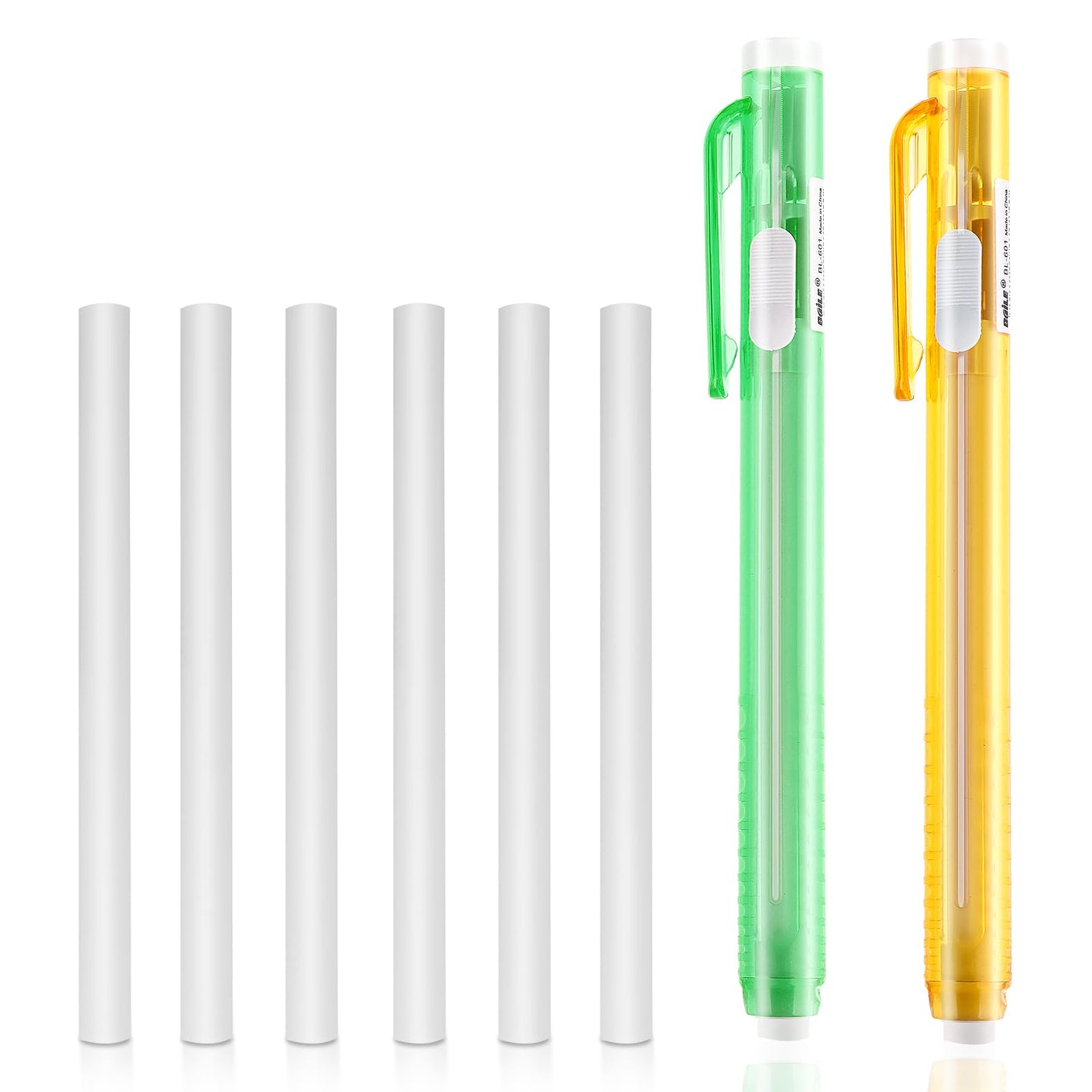 TIESOME Pen-Style Erasers, 2 Pcs Retractable Mechanical Eraser Pens with 6 Pcs Replacement Eraser Refills Eraser Mechanical Eraser, Click Stick Erasers for Drawing Sketching Drafting(Green, Orange)