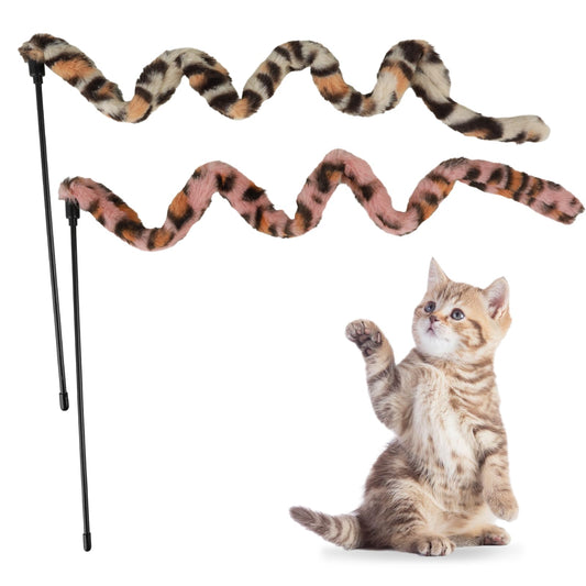Jeffdad 2-Piece Interactive Cat Wand Toy, Interactive Cat Wand Leopard Ribbon Toy fits most cats and kittens